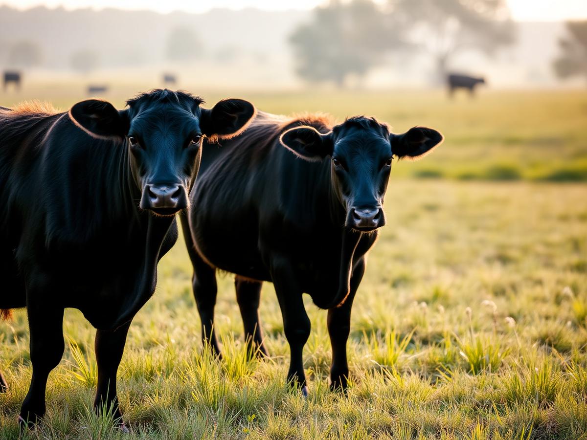 Cattle standing in a green pasture in the morning light
