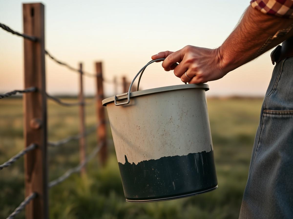 Farmer carrying a feed bucket along a fence line at dawn